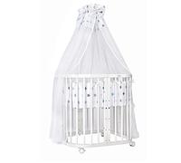 waldin Lit Bébé 7en1, Matelas et roulettes, Étagère, Blanc | Tissu Étoiles Bleu, Évolutif, Lit, Lit Cododo en Bois, Fonction Balancelle en Option
