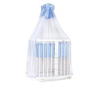Waldin Lit Bébé en Bois 7en1, Matelas, Ventilé, Sommier Réglable en 5 Positions, Set Tout Compris, Blanc, Tissus Bleu