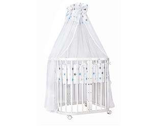 Waldin Lit Bébé en Bois 7en1, Matelas, Ventilé, Sommier Réglable en 5 Positions, Set Tout Compris, Blanc, Tissus Étoiles Bleu
