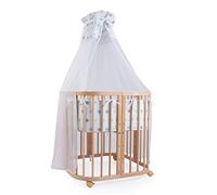 Waldin Lit Bébé en Bois 7en1, Matelas, Ventilé, Sommier Réglable en 5 Positions, Set Tout Compris, Nature, Tissus Étoiles Bleu