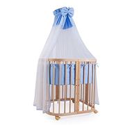 Waldin Lit Bébé en Bois 7en1, Matelas, Ventilé, Sommier Réglable en 5 Positions, Set Tout Compris, Nature, Tissus Bleu