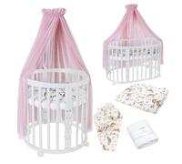 Waldin Lit Bébé Ovale 7en1 Évolutif, Matelas - Blanc - Ensemble Animaux Rose inclus