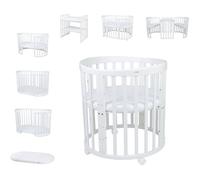 waldin Lit Bébé Ovale 7en1, Matelas, roulettes, Étagère, Blanc | Sans Ensemble de Tissu, Évolutif, Lit, Lit Cododo en Bois, Fonction Balancelle en Option