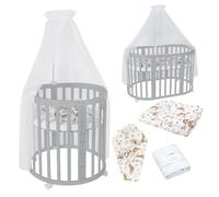 Waldin Lit Bébé Ovale 7en1 Évolutif, Matelas - Gris - Ensemble Animaux Blanc inclus