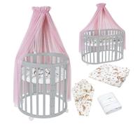 Waldin Lit Bébé Ovale 7en1 Évolutif, Matelas - Gris - Ensemble Animaux Rose inclus