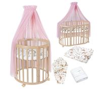 Waldin Lit Bébé Ovale 7en1 Évolutif, Matelas - Naturel - Ensemble Animaux Rose inclus