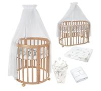 Waldin Lit Bébé Ovale 7en1 Évolutif, Matelas - Naturel - Ensemble Branches Blanc inclus