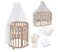 Waldin Lit Bébé Ovale 7en1 Évolutif, Matelas - Naturel - Ensemble Pissenlit Blanc inclus