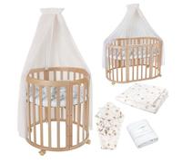 Waldin OWAL Baby Bed 7in1, Lit à Barreaux avec Matelas, avec Commode à Langer, Lit Évolutif Bébé Ovale avec Matelas et roulettes, Bois Naturel, Tissus Pissenlit Champagne
