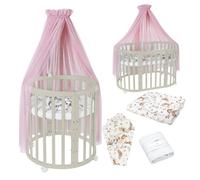 Waldin Lit Bébé Ovale 7en1 Évolutif, Matelas - Olive - Ensemble Animaux Rose inclus