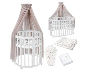 waldin Lit Bébé Ovale 7en1, Matelas, roulettes, Étagère, Blanc | Branches Taupe, Évolutif, Lit, Lit Cododo en Bois, Fonction Balancelle en Option