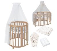 waldin Lit Bébé Ovale 7en1, Matelas, roulettes, Étagère, Naturel