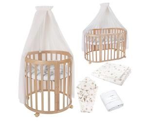 waldin Lit Bébé Ovale 7en1, Matelas, roulettes, Étagère, Naturel