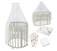 Waldin Lit Bébé Ovale 7en1 Évolutif, Matelas - Olive - Ensemble Animaux Blanc inclus