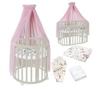 Waldin Lit Bébé Ovale 7en1 Évolutif, Matelas - Olive - Ensemble Animaux Rose inclus
