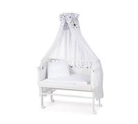 WALDIN Lit Cododo pour Bébé avec Matelas, Réglable en Hauteur, Bois Hêtre Massif Laqué, Grande Surface de Couchage 90 x 55 cm, Textile Blanc, Astre Gris Mixte