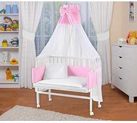 WALDIN Lit Cododo pour Bébé avec Matelas, Réglable en Hauteur, Bois Hêtre Massif Laqué, Grande Surface de Couchage 90 x 55 cm, Textile Rosa, Points Blanc