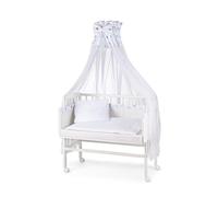 WALDIN Lit Cododo pour Bébé avec Matelas, Réglable en Hauteur, Bois Hêtre Massif Laqué, Grande Surface de Couchage 90 x 55 cm, Textile Blanc, Astre Gris-Bleu