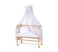 WALDIN Lit Cododo pour Bébé avec Matelas, Réglable en Hauteur, Bois Hêtre Massif Naturel, Grande Surface de Couchage 90 x 55 cm, Textile Blanc, Astre Gris-Bleu