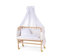 WALDIN Lit Cododo pour Bébé avec Matelas, Réglable en Hauteur, Bois Hêtre Massif Naturel, Grande Surface de Couchage 90 x 55 cm, Textile Blanc