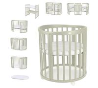 Waldin OWAL Baby Bed 7in1, Lit à Barreaux avec Matelas, avec Commode à Langer, Lit Évolutif Bébé Ovale avec Matelas et roulettes, Bois Olive