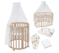 Waldin OWAL Baby Bed 7in1, Lit à Barreaux avec Matelas, avec Commode à Langer, Lit Évolutif Bébé Ovale avec Matelas et roulettes, Bois Naturel, Tissus Animaux Blancs