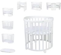 Waldin OWAL Baby Bed 7in1, Lit à Barreaux avec Matelas, avec Commode à Langer, Lit Évolutif Bébé Ovale avec Matelas et roulettes, Bois Blanc