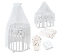 Waldin OWAL Baby Bed 7in1, Lit à Barreaux avec Matelas, avec Commode à Langer, Lit Évolutif Bébé Ovale avec Matelas et roulettes, Bois Blanc, Tissus Pissenlit Blanc