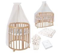 Waldin OWAL Baby Bed 7in1, Lit à Barreaux avec Matelas, avec Commode à Langer, Lit Évolutif Bébé Ovale avec Matelas et roulettes, Bois Naturel, Tissus Pissenlit Champagne