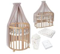 Waldin OWAL Baby Bed 7in1, Lit à Barreaux avec Matelas, avec Commode à Langer, Lit Évolutif Bébé Ovale avec Matelas et roulettes, Bois Naturel, Tissus Branches Taupe