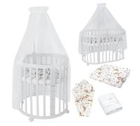 Waldin OWAL Baby Bed 7in1, Lit à Barreaux avec Matelas, avec Commode à Langer, Lit Évolutif Bébé Ovale avec Matelas et roulettes, Bois Blanc, Tissus Animaux Blancs