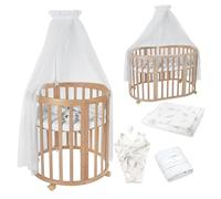 Waldin OWAL Baby Bed 7in1, Lit à Barreaux avec Matelas, avec Commode à Langer, Lit Évolutif Bébé Ovale avec Matelas et roulettes, Bois Naturel, Tissus Branches Blanc