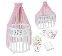 Waldin OWAL Baby Bed 7in1, Lit à Barreaux avec Matelas, avec Commode à Langer, Lit Évolutif Bébé Ovale avec Matelas et roulettes, Bois Blanc, Tissus Animaux Rose