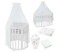 Waldin OWAL Baby Bed 7in1, Lit à Barreaux avec Matelas, avec Commode à Langer, Lit Évolutif Bébé Ovale avec Matelas et roulettes, Bois Blanc, Tissus Branches Blanc