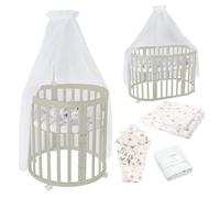 Waldin OWAL Baby Bed 7in1, Lit à Barreaux avec Matelas, avec Commode à Langer, Lit Évolutif Bébé Ovale avec Matelas et roulettes, Bois Olive, Tissus Pissenlit Blanc