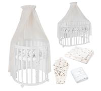 Waldin OWAL Baby Bed 7in1, Lit à Barreaux avec Matelas, avec Commode à Langer, Lit Évolutif Bébé Ovale avec Matelas et roulettes, Bois Blanc, Tissus Pissenlit Champagne
