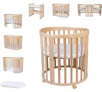 Waldin OWAL Baby Bed 7in1, Lit à Barreaux avec Matelas, avec Commode à Langer, Lit Évolutif Bébé Ovale avec Matelas et roulettes, Bois Naturel