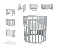 Waldin OWAL Baby Bed 7in1, Lit à Barreaux avec Matelas, avec Commode à Langer, Lit Évolutif Bébé Ovale avec Matelas et roulettes, Bois Gris