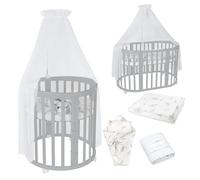 Waldin OWAL Baby Bed 7in1, Lit à Barreaux avec Matelas, avec Commode à Langer, Lit Évolutif Bébé Ovale avec Matelas et roulettes, Bois Gris, Tissus Branches Blanc