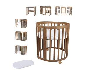 Waldin OWAL Baby Bed 7in1, Lit à Barreaux avec Matelas, avec Commode à Langer, Lit Évolutif Bébé Ovale avec Matelas et roulettes, Bois Vintage
