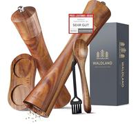 WALDLAND® Moulin à sel et à poivre en bois avec soucoupe (16,5 cm) | Moulin à épices avec broyeur en céramique haute performance | Moulin à poivre et sel
