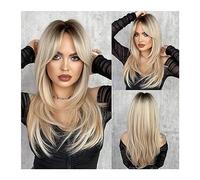 WaLdor Day Paty Perruque de requin synthétique stratifiée, fibre résistante à la chaleur, perruque blonde ombrée pour femme, perruque longue droite avec frange, pour carnaval