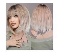 WaLdor Perruques Fête Quotidienne, Perruque Synthétique Droite Naturelle Platine, Perruques Courtes Ombré Noir pour Femmes, Perruque Cheveux avec Frange pour Quatre Saisons Perruque Carnaval (Couleur
