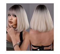 WaLdor Perruques Fête Quotidienne, Perruque Synthétique Droite Naturelle Platine, Perruques Courtes Ombrées Noires pour Femmes, Perruque Cheveux avec Frange pour Quatre Saisons Perruque Carnaval