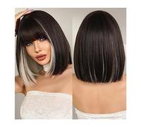 WaLdor Perruques Fête Quotidienne, Perruque Synthétique Droite Naturelle Platine, Perruques Courtes Ombrées Noires pour Femmes, Perruque Cheveux avec Frange pour Quatre Saisons Perruque Carnaval