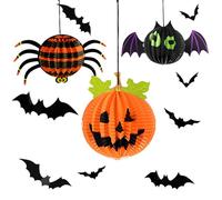 Waldspring 3 + 12 Set de Halloween Lanternes en Papier & Stickers Chauve Souris, Halloween Décoration, DIY Lanterne Papier pour Enfants, Suspendue pour Maison, Jardin, Mur ou Fenêtre