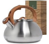 WALDWERK Bouilloire (2,3 l) - Bouilloire pour cuisinière à induction et à gaz - Théière avec poignée aspect bois - Bouilloire sifflante avec sifflet, acier inoxydable et plastique