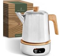 WALDWERK Théière avec Infuseur (1,1L) en Acier Inoxydable 304 - Poignées en Bois de Chêne, Sans Goutte, Filtre Amovible et Réchaud