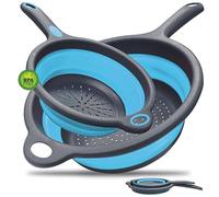 WALFOS® Filtres à légumes pliables, 2 paquets de filtres en silicone pliables avec poignées, tamis à pâtes, tamis de cuisine avec poignées, bol de lavage pour pâtes, légumes et fruits - Bleu