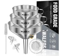 Walfos Lot de 3 entonnoirs de cuisine en acier inoxydable (14 cm + 12 cm + 10 cm) avec 2 filtres amovibles pour transférer des liquides, des fluides, des huiles de cuisson,